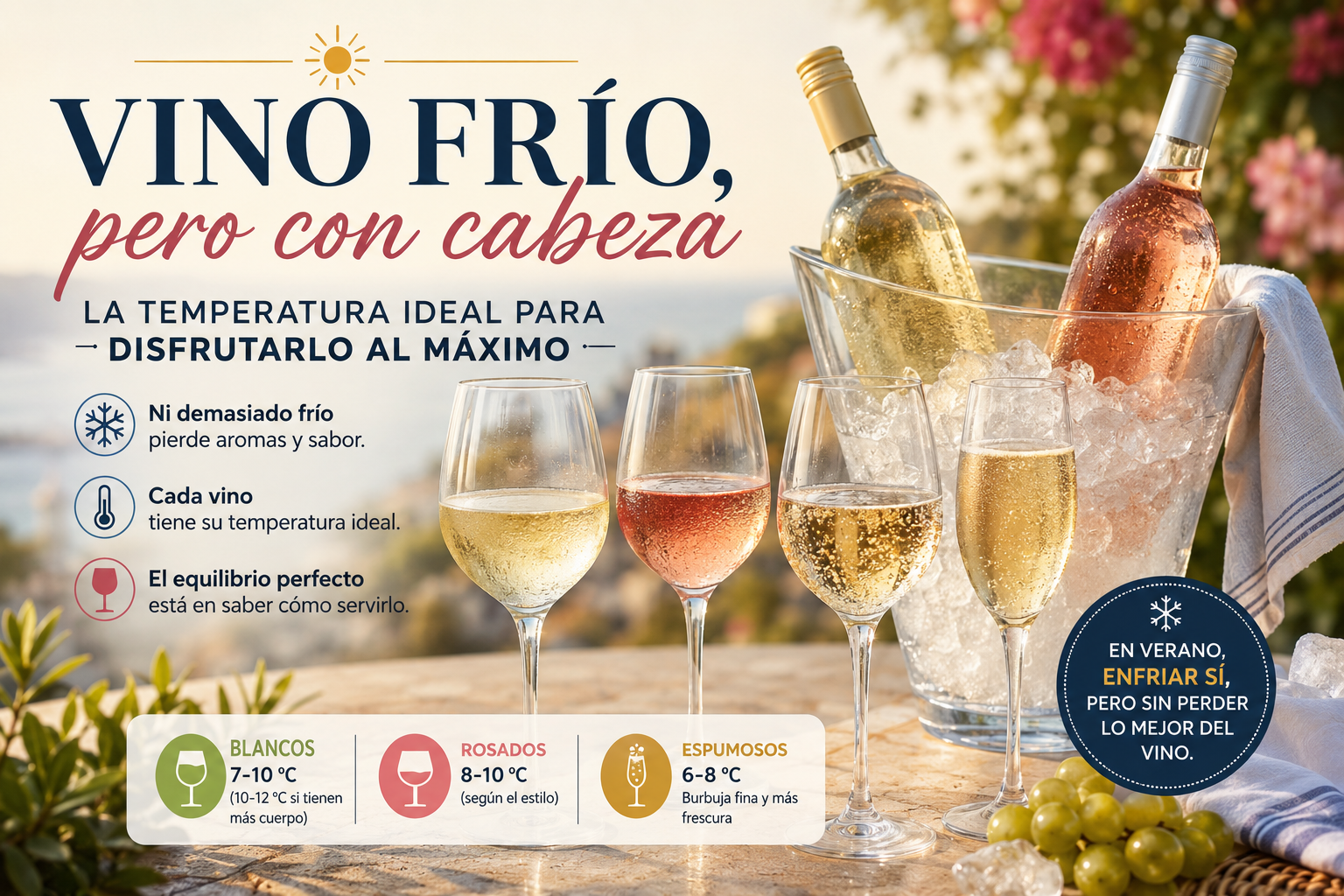 Infografía sobre cómo servir el vino frío en verano sin perder aromas ni sabor, con botellas de vino blanco y rosado en una cubitera con hielo, copas de vino y recomendaciones de temperatura ideal para vinos blancos, rosados y espumosos.